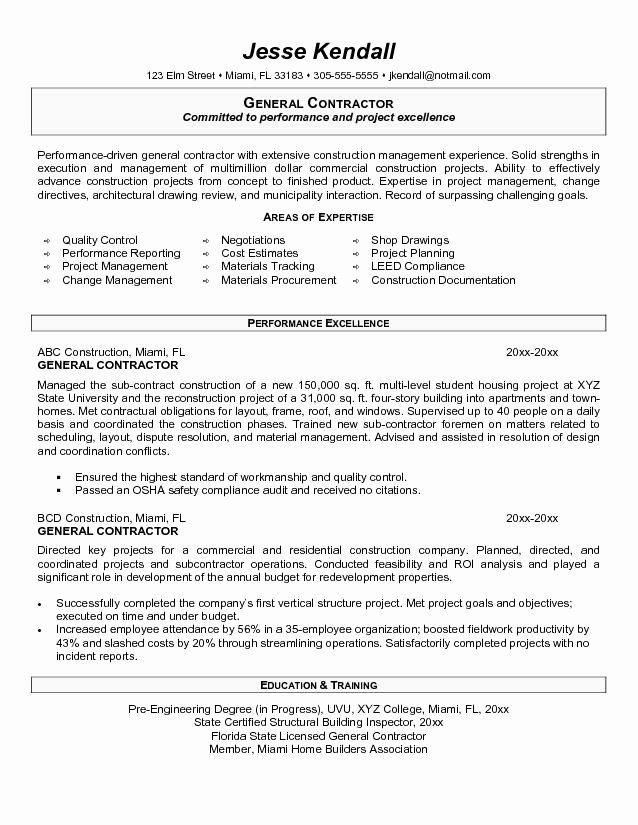 General Contractor Business Plan Template Fresh General Contractor Resume