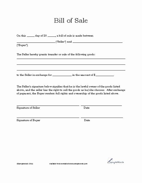 Generic Bill Of Sale form Printable Awesome Basic Bill Of Sale Template Printable Blank form