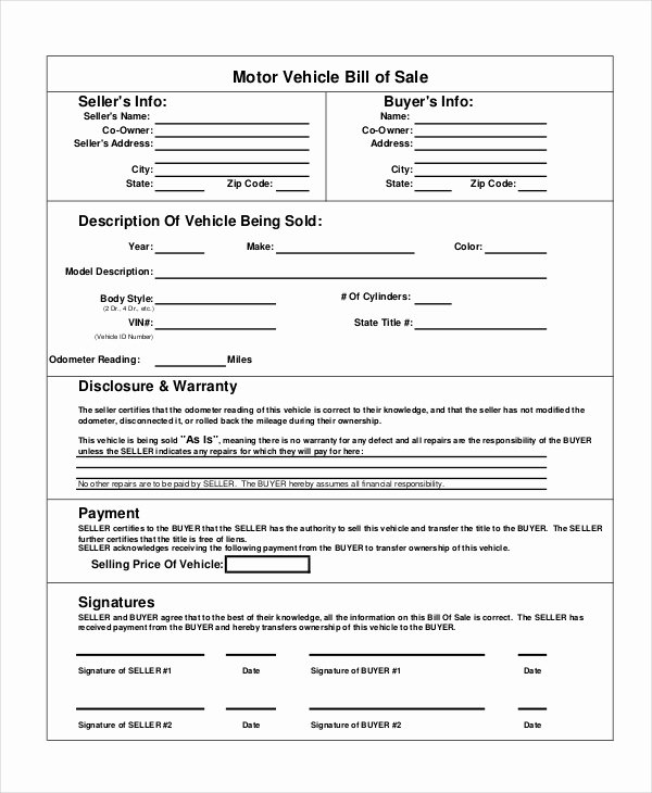 Generic Bill Of Sale form Printable Best Of Motor Vehicle Bill Of Sale 7 Free Word Pdf Documents