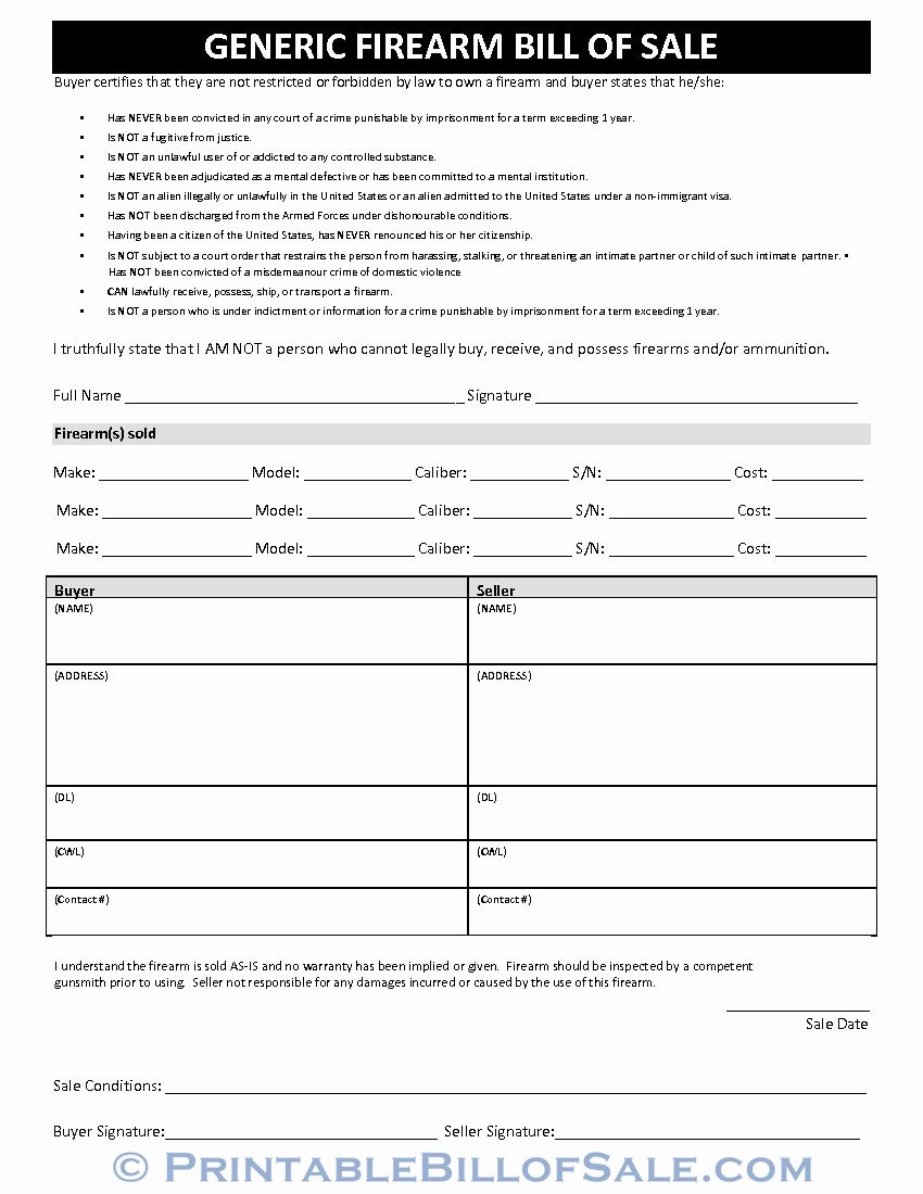 Generic Bill Of Sale form Printable Lovely Free Generic Firearm Bill Of Sale form