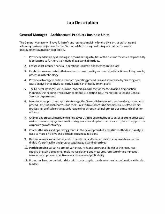 Generic Job Description Awesome General Manager Role Description