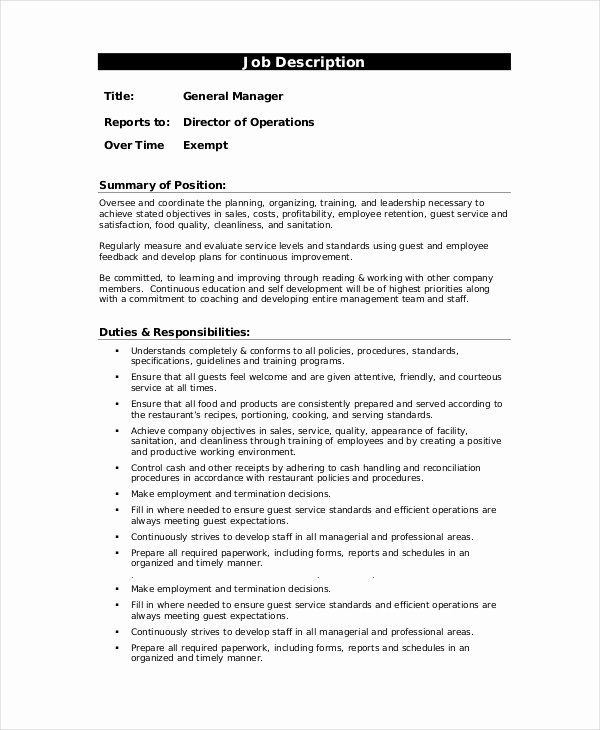 Generic Job Description Luxury 10 Sample Manager Job Description Templates Pdf Doc