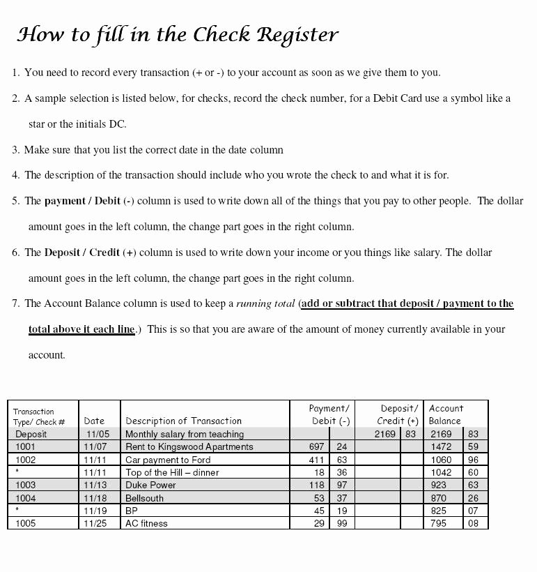 Google Docs Check Register Fresh Month 1 Check Register Checkbook Project