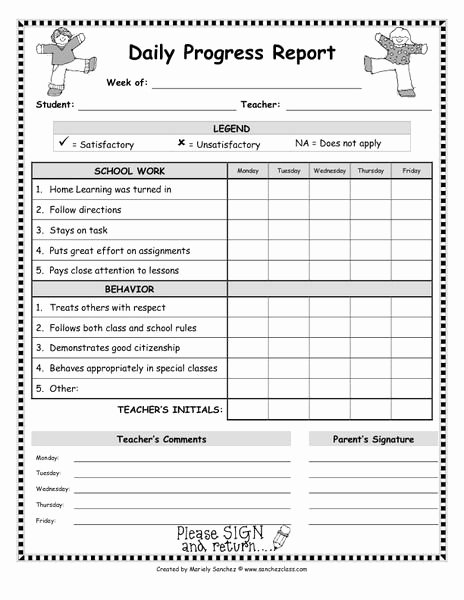 Grade Progress Report Template Lovely Daily Progress Report forms Kindergarten 6th Grade