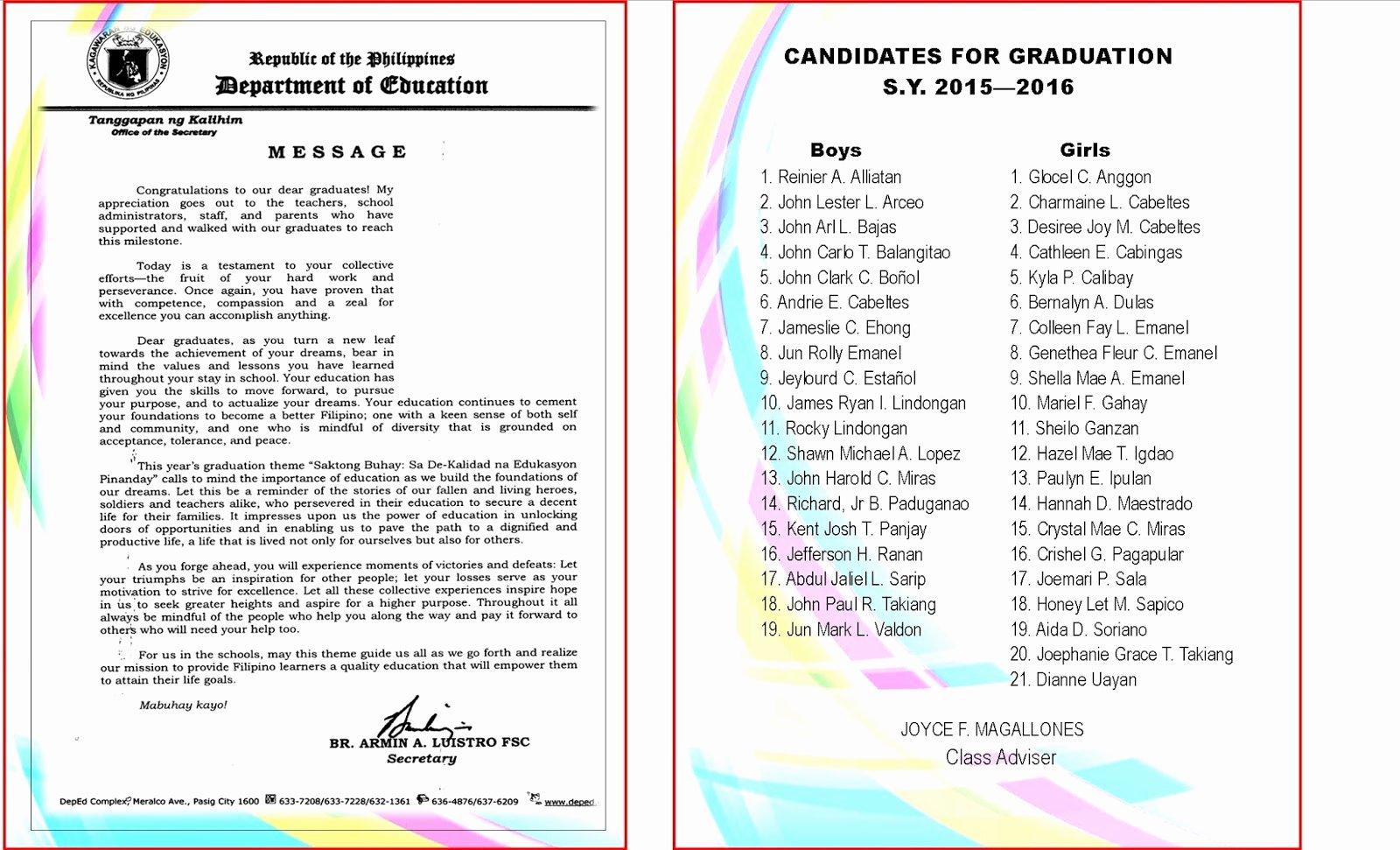 Graduation Ceremony Agenda Lovely 2015 2016 Graduation Program New Template Deped Lp S