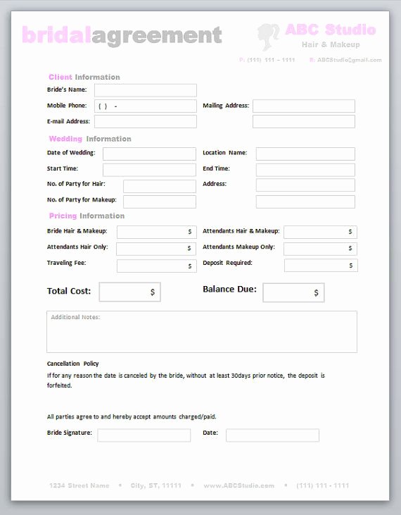 Hair Stylist Contract for Wedding Elegant Hair Stylist &amp; Makeup Artist Bridal or event Agreement