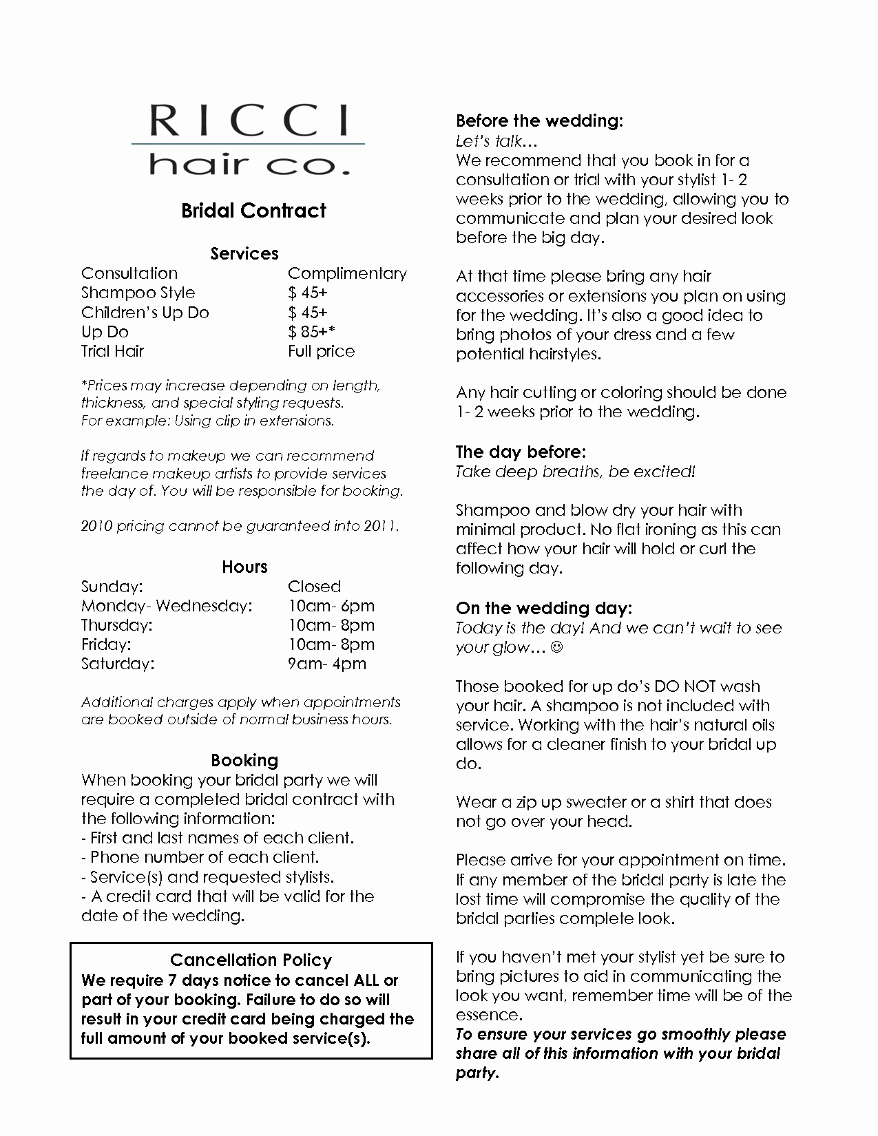 Hair Stylist Contract for Wedding Inspirational Bridalhaircotract