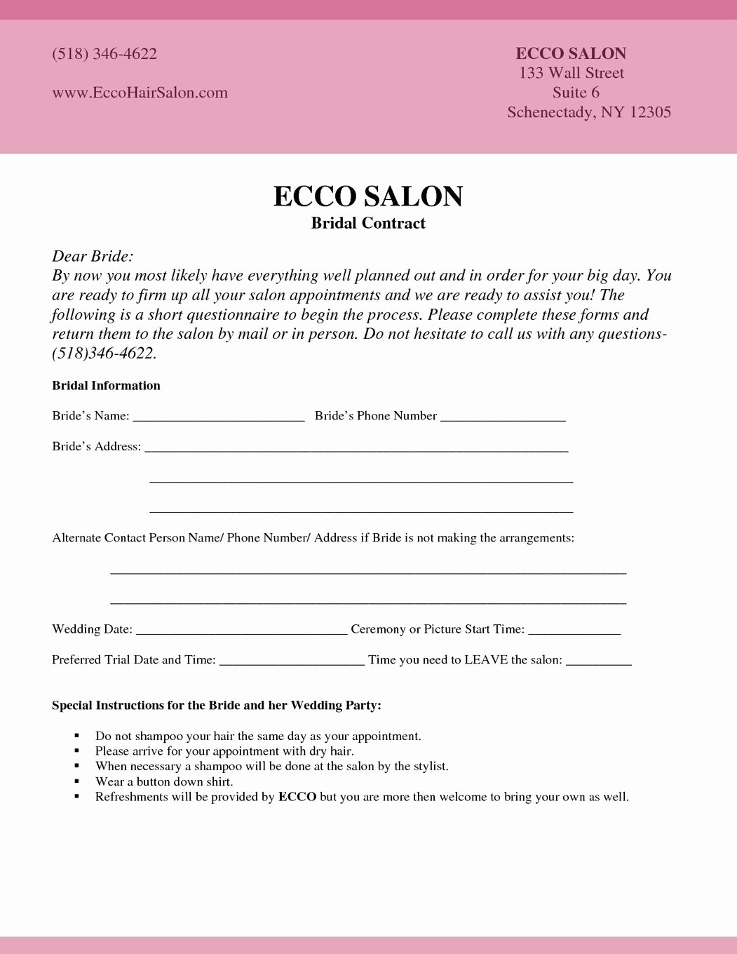 Hair Stylist Contract for Wedding Luxury Bridal Makeup Questionnaire