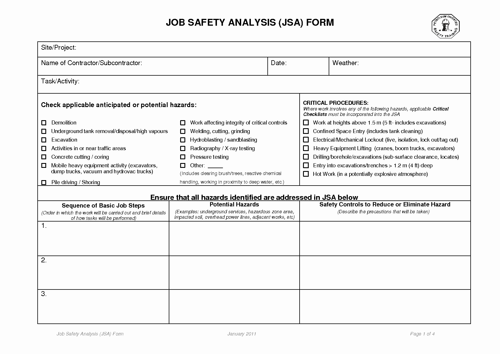 Hazard Analysis form Fresh Job Safety Analysis forms Job Safety Analysis form