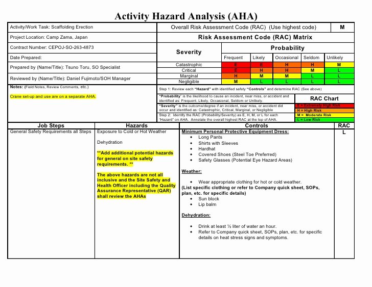 Hazard Analysis form Unique Aha Sample Scaffolding