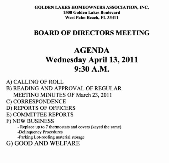 Hoa Board Meeting Minutes Template Beautiful Notice Of Hoa Board Meeting – Golden Lakes Homeowners