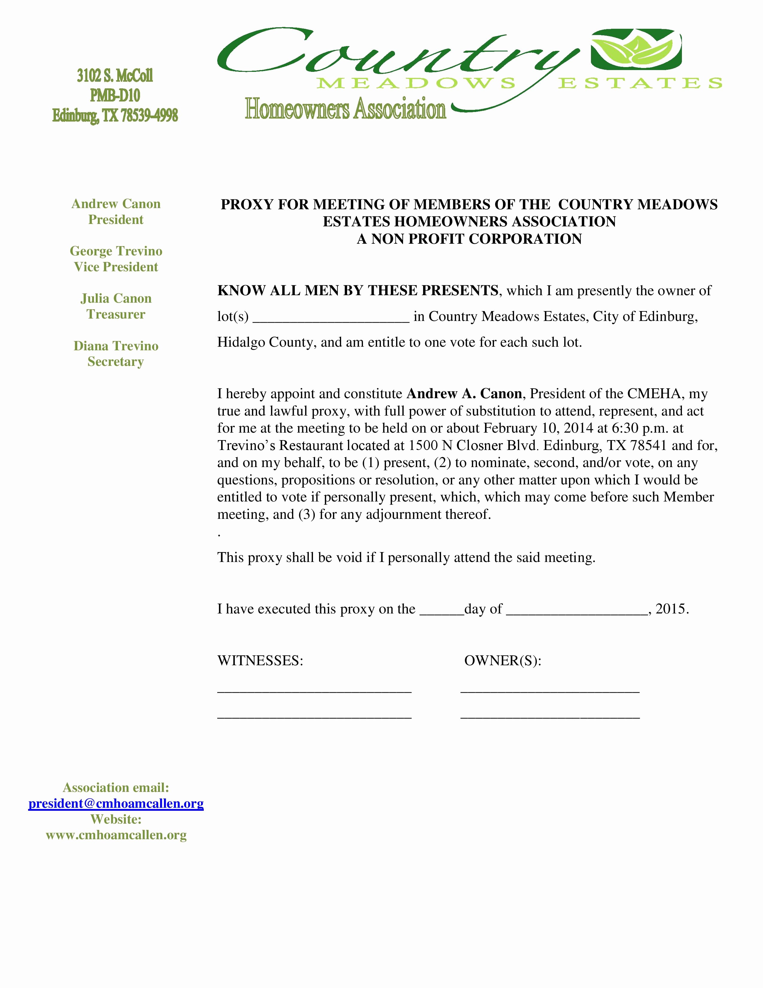 Hoa Proxy Vote form Template Awesome Hoa Meeting Proxy Letter