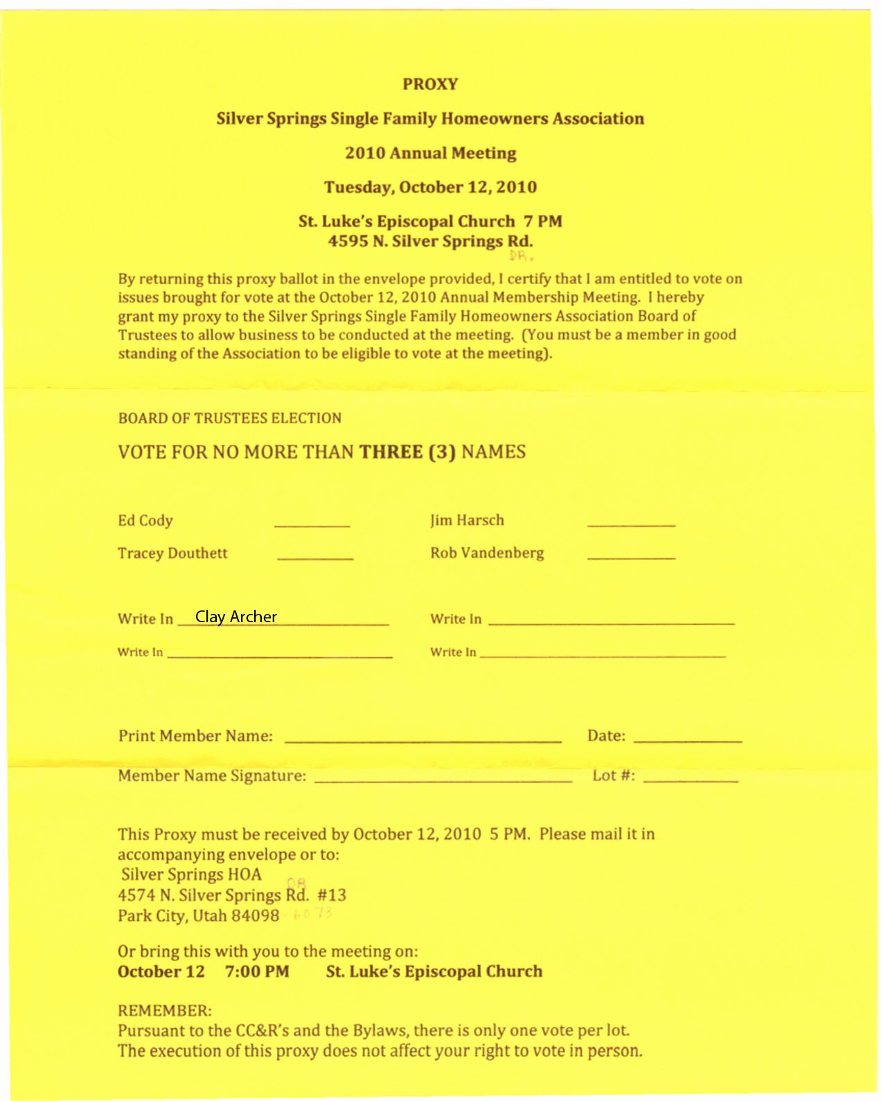 Hoa Proxy Vote form Template Unique Silver Springs Munity2010 Oct 12 – Sssf Hoa Annual Meeting