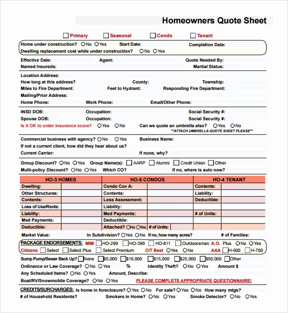 Home Insurance Quote Sheet Inspirational 10 Useful Sample Quote Sheet Templates to Download