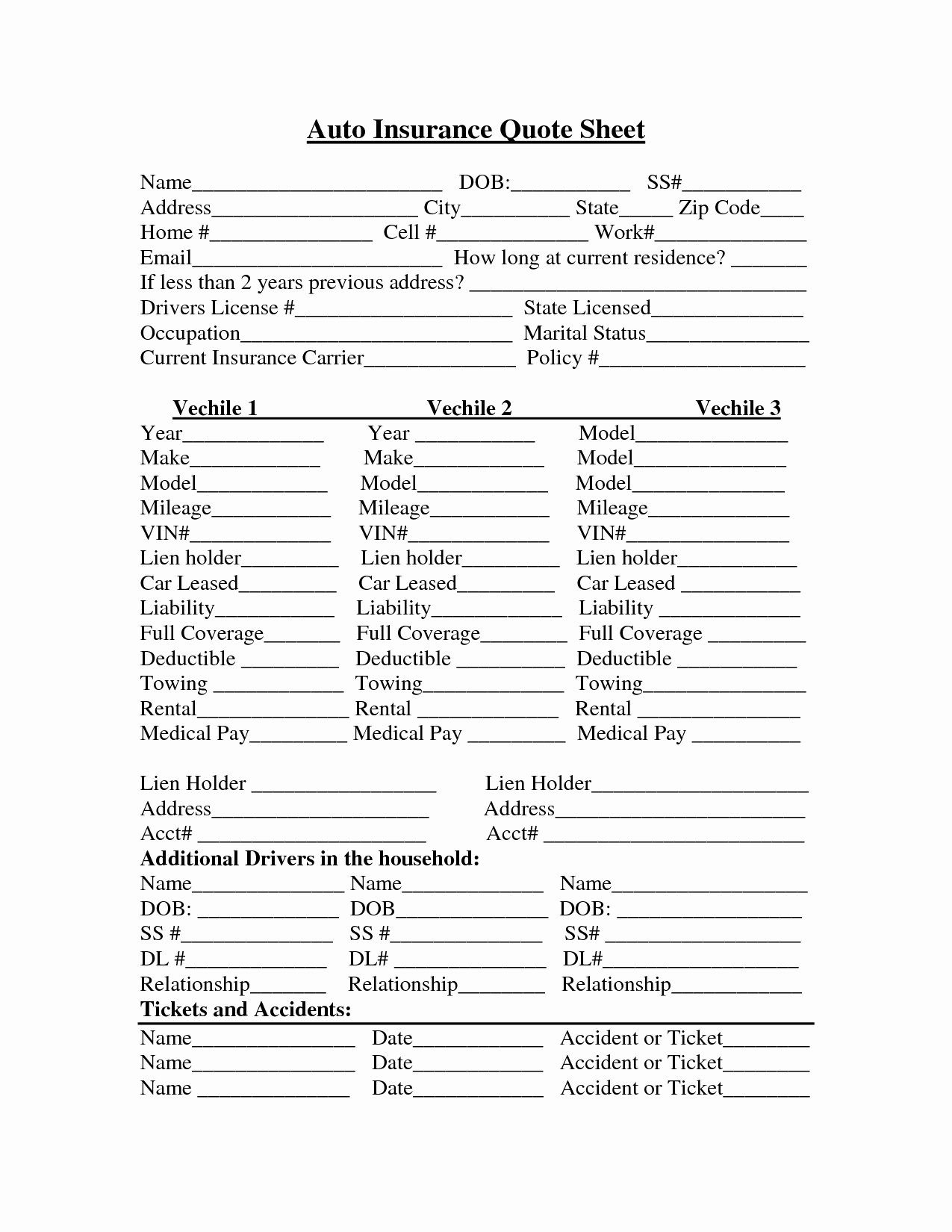 Home Insurance Quote Sheet New Auto Insurance Quote form Template