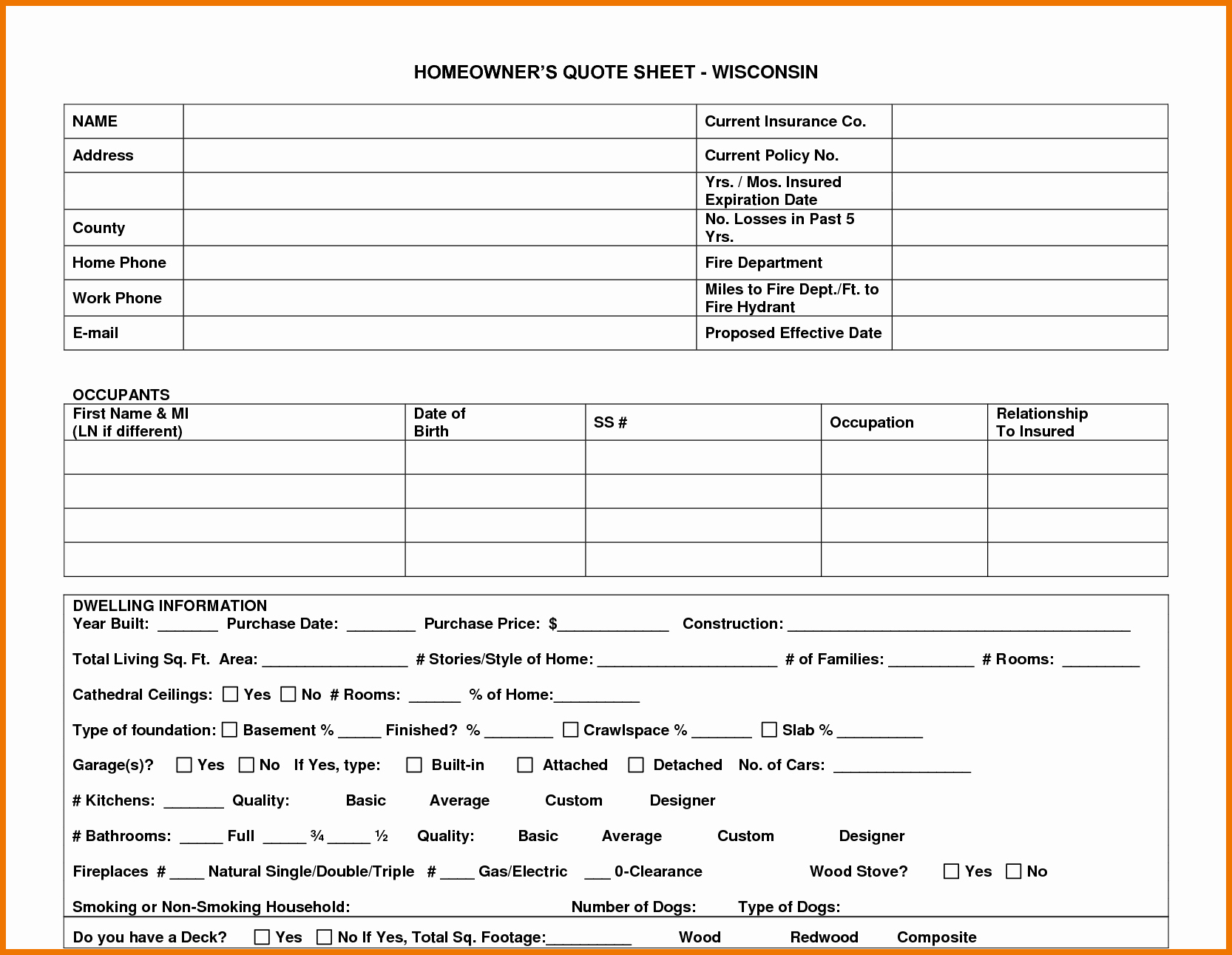 Home Insurance Quote Sheet New Home Insurance Quote Sheet Template 22