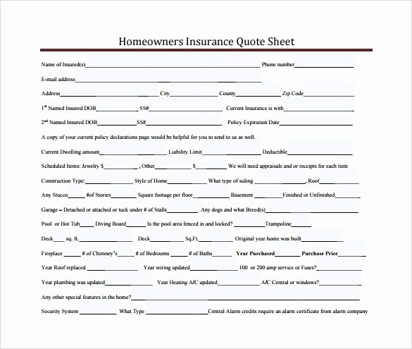 Home Insurance Quote Sheet Unique Home Insurance Quote form