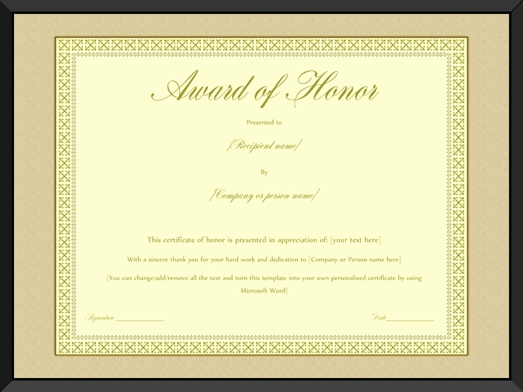 Honorary Certificate Template Unique Award Of Honor Certificate Template Editable for Word