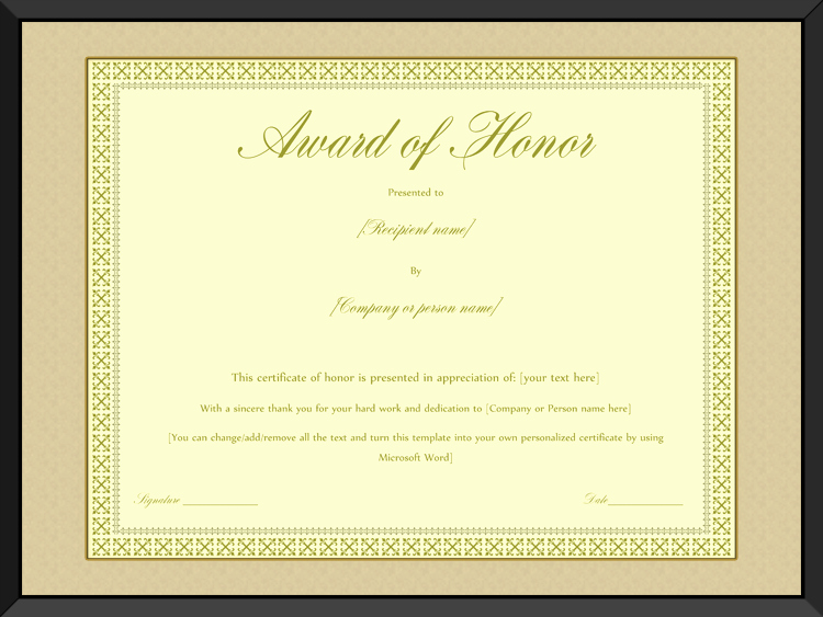 Honorary Certificate Template Unique Award Of Honor Certificate Template Editable for Word