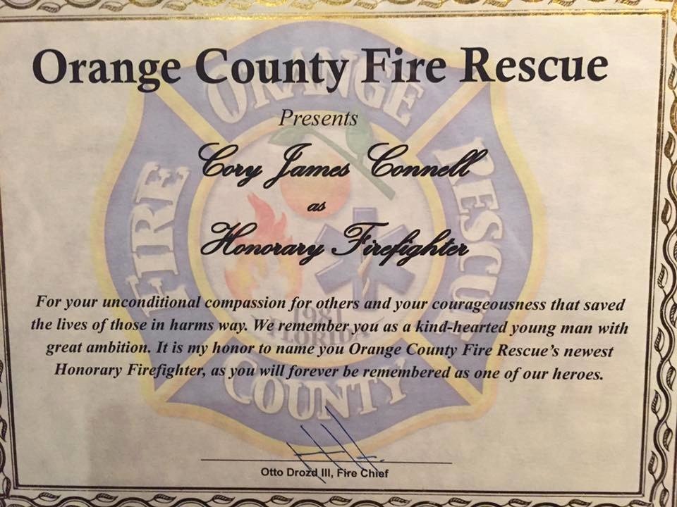 Honorary Firefighter Certificate Fresh orange County Fire Makes Pulse Nightclub Victim Cory