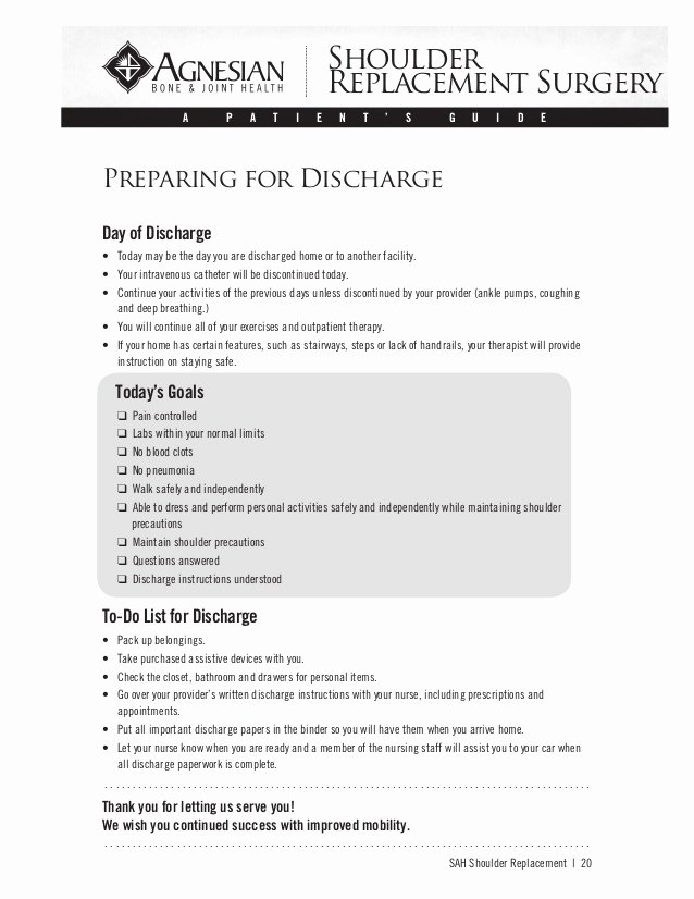 Hospital Discharge Instructions Beautiful A Patient S Guide to Shoulder Surgery St Agnes Hospital