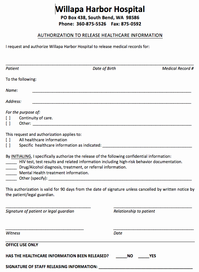 Hospital Release form Template Fresh Release Of Information form Willapa Harbor Hospital