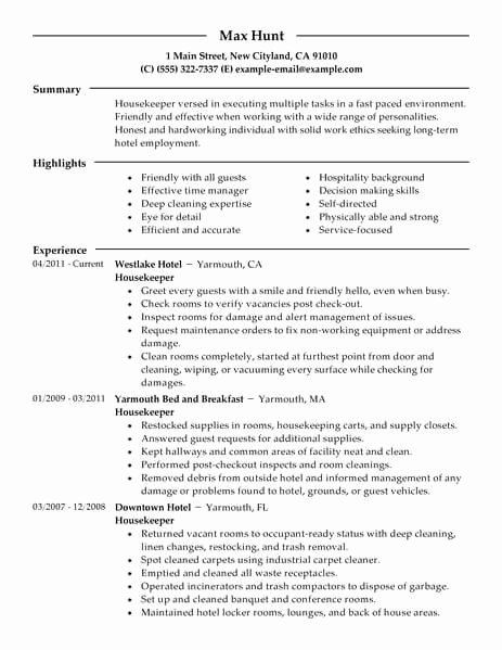 Hotel Housekeeping Job Description for Resume Beautiful Best Housekeeper Resume Example