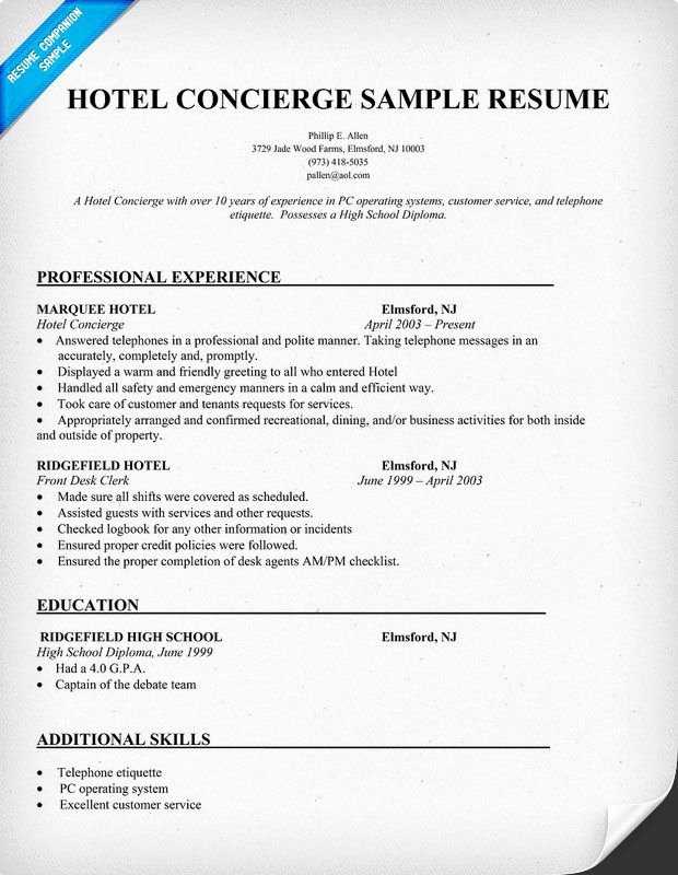 Hotel Housekeeping Job Description for Resume Best Of Hotel Concierge Sample Resume Resume Panion