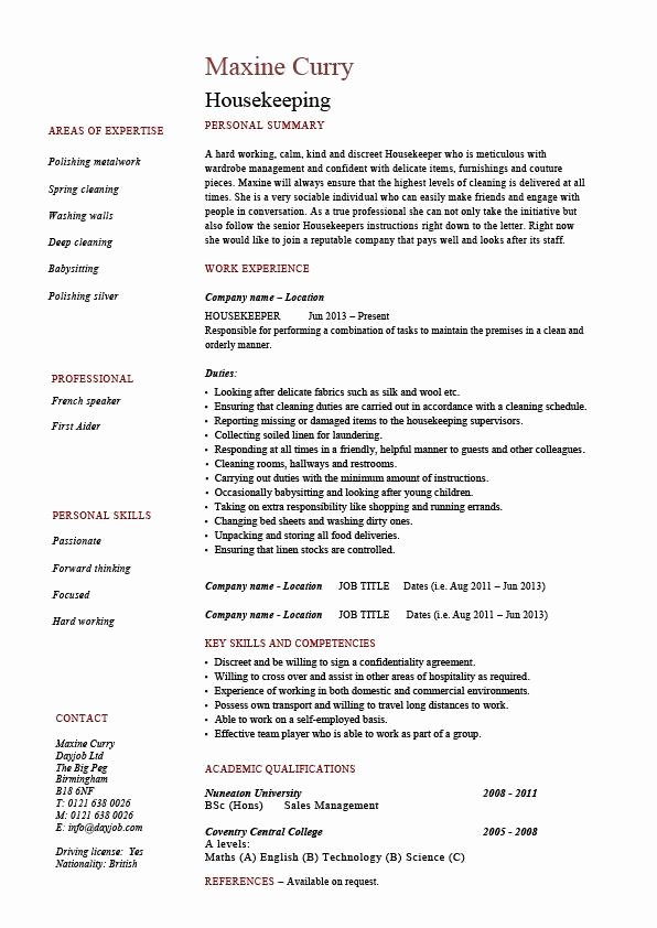 Hotel Housekeeping Job Description for Resume Elegant Housekeeping Resume Cleaning Sample Templates Job