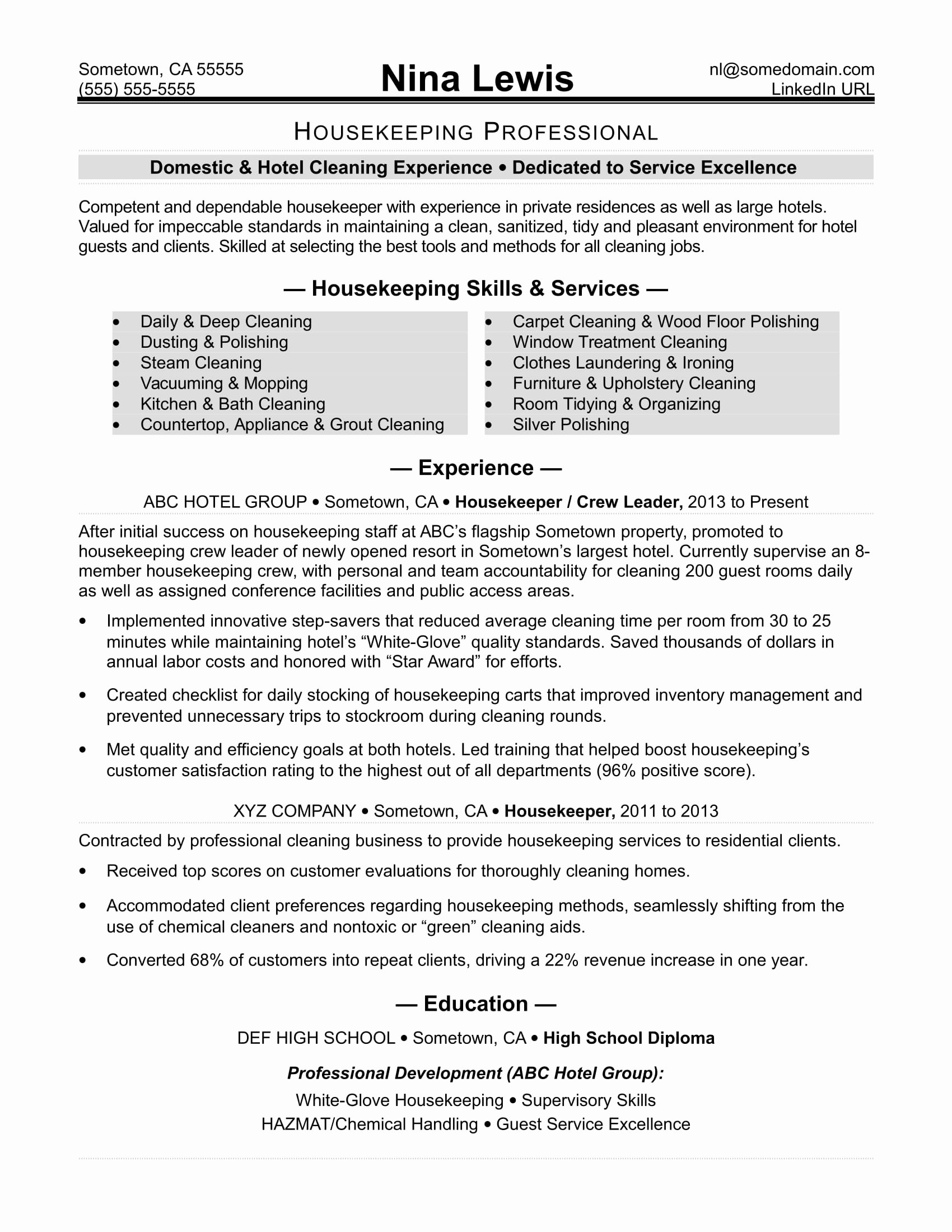 Hotel Housekeeping Job Description for Resume Elegant Housekeeping Resume Sample