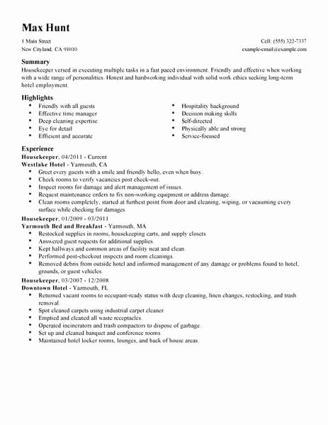 Hotel Housekeeping Job Description for Resume Lovely Best Housekeeper Resume Example