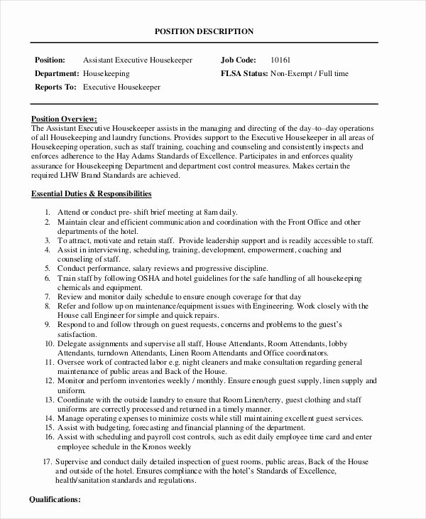 Hotel Housekeeping Job Description for Resume Lovely Housekeeper Job Description Example 14 Free Word Pdf