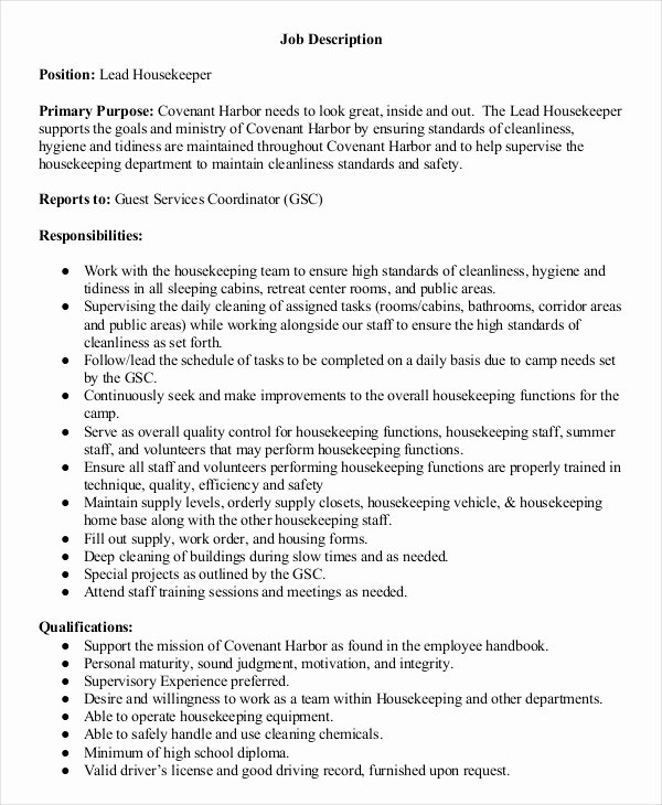 Hotel Housekeeping Job Description for Resume Unique Housekeeper Job Description Example 14 Free Word Pdf