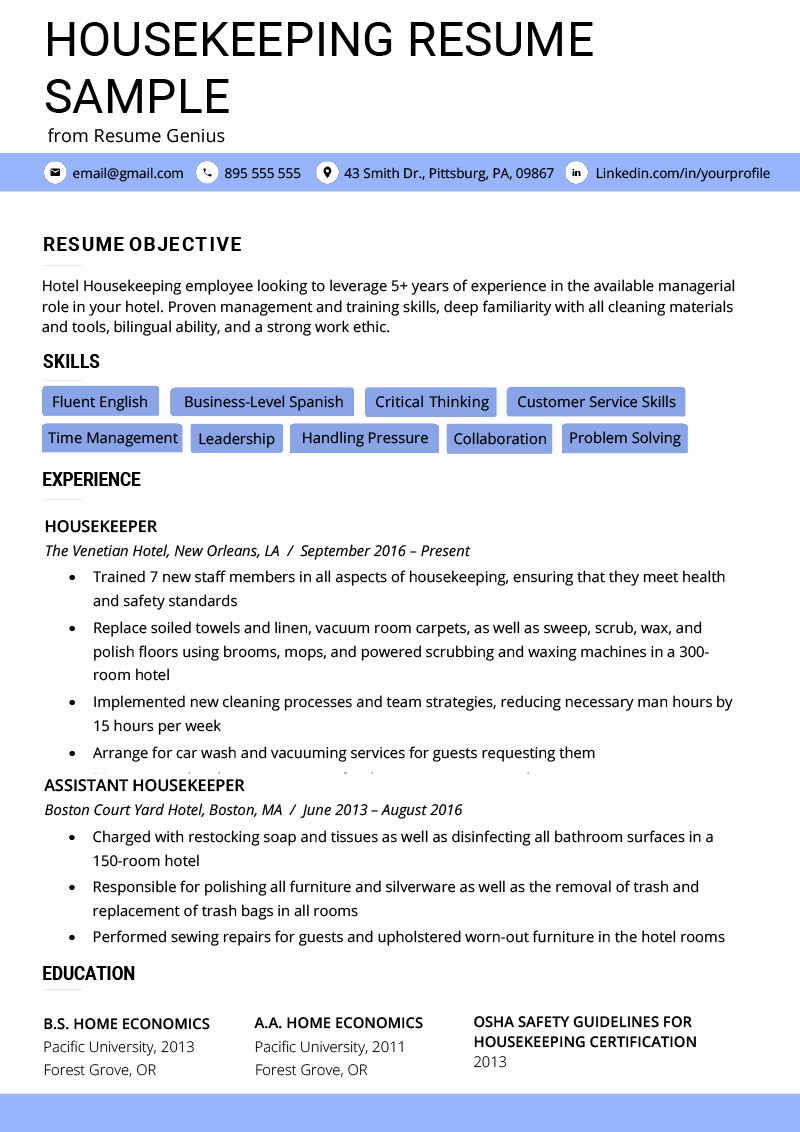 Hotel Housekeeping Job Description for Resume Unique Housekeeping Resume Example &amp; Writing Tips