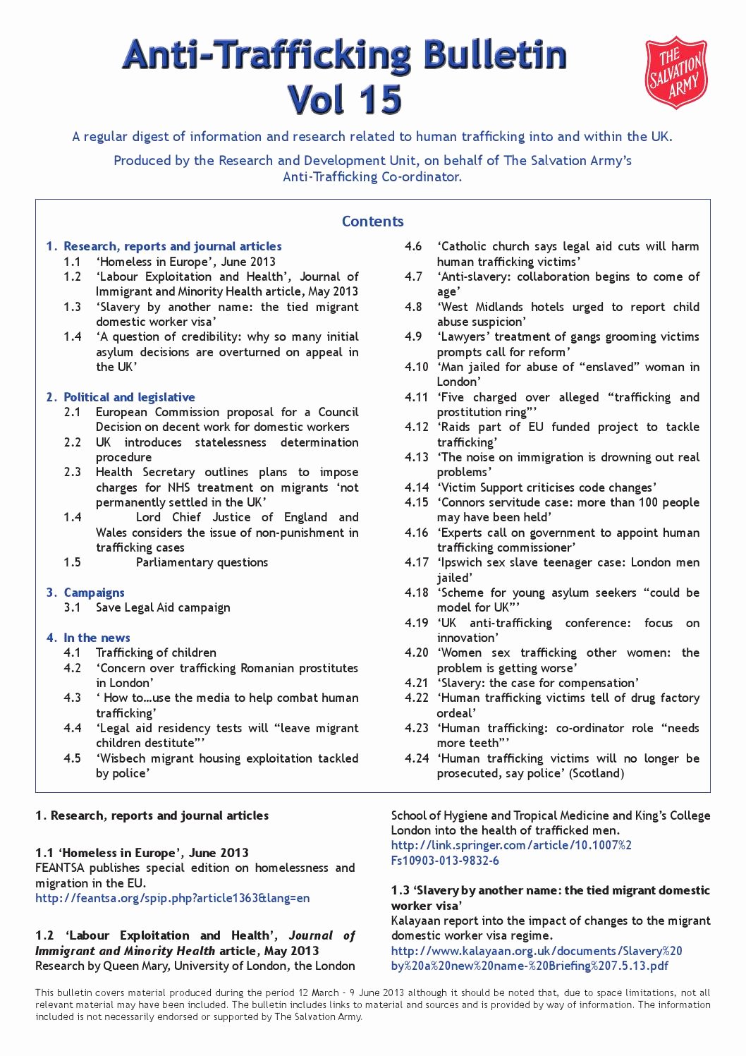 Human Trafficking Research Proposal Unique Anti Trafficking Bulletin 15 by the Salvation Army Uk