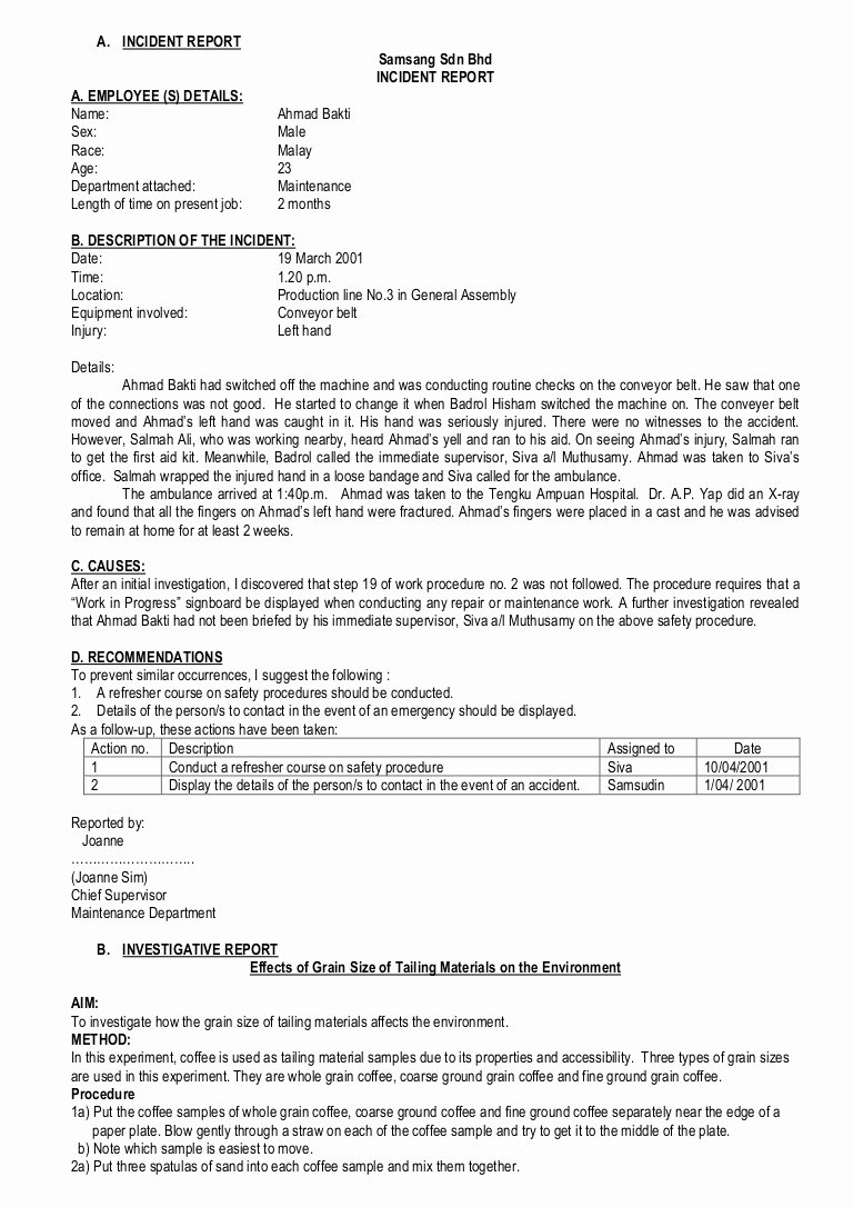 Incident Statement Letter Sample New Incident Report