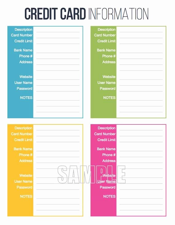 Info Card Template New Credit Card Information Printable Editable Personal