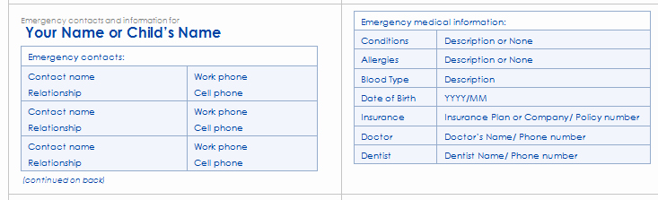 Information Card Template Awesome Docs Medical Information Emergency Contact