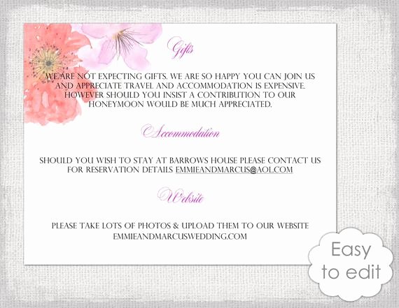 Information Card Template Inspirational Wedding Information Card Template Diy Printable Flower