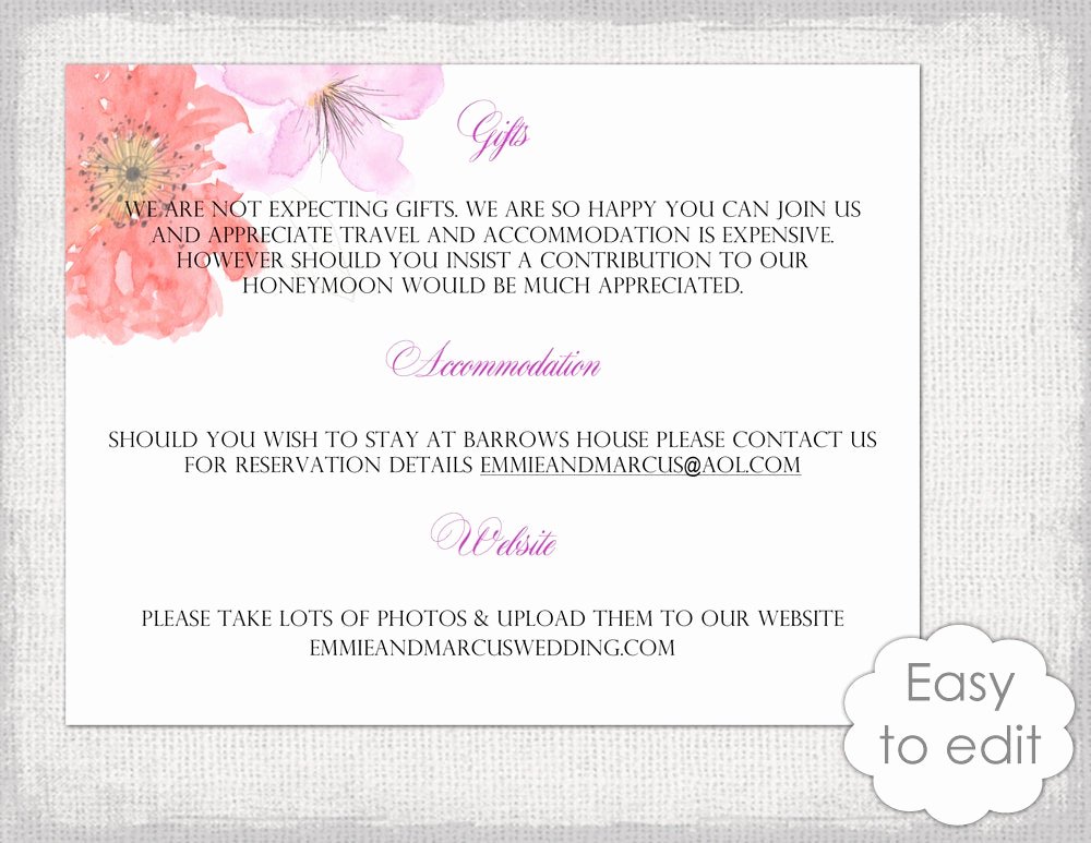 Information Card Template Unique Wedding Information Card Template Diy Printable Flower