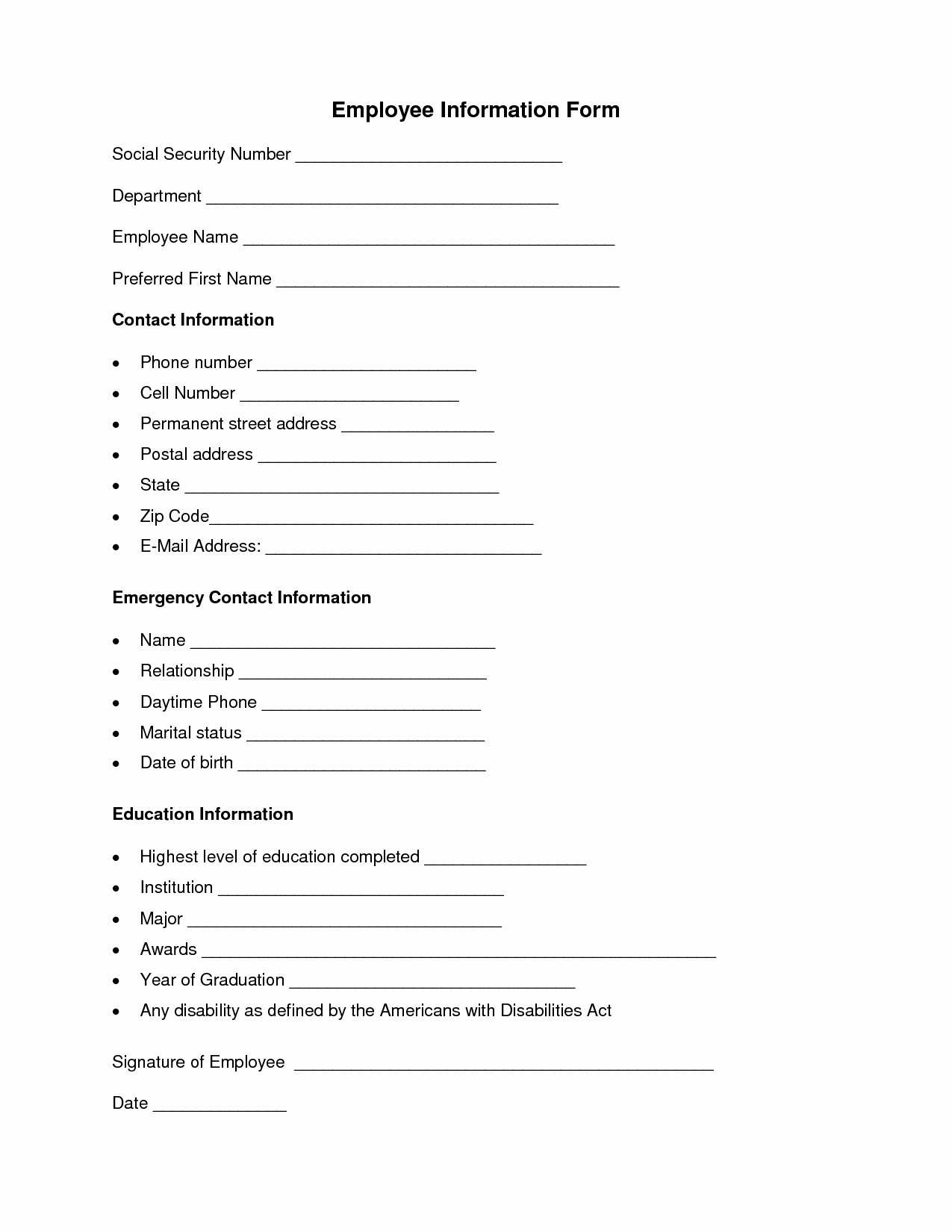 Information form Template Awesome Employee Information form Employee forms