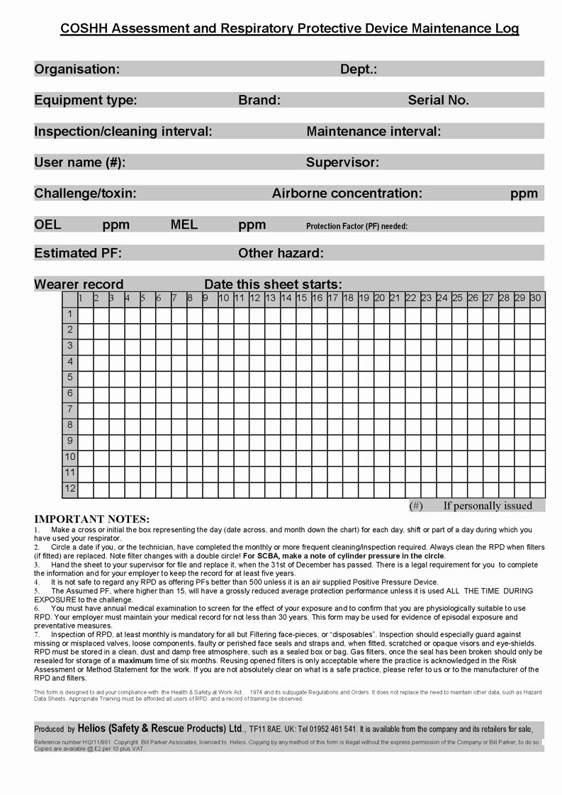 Inspection Log Sheet Best Of Respiratory Protection Rpd Inspection and Record Sheet