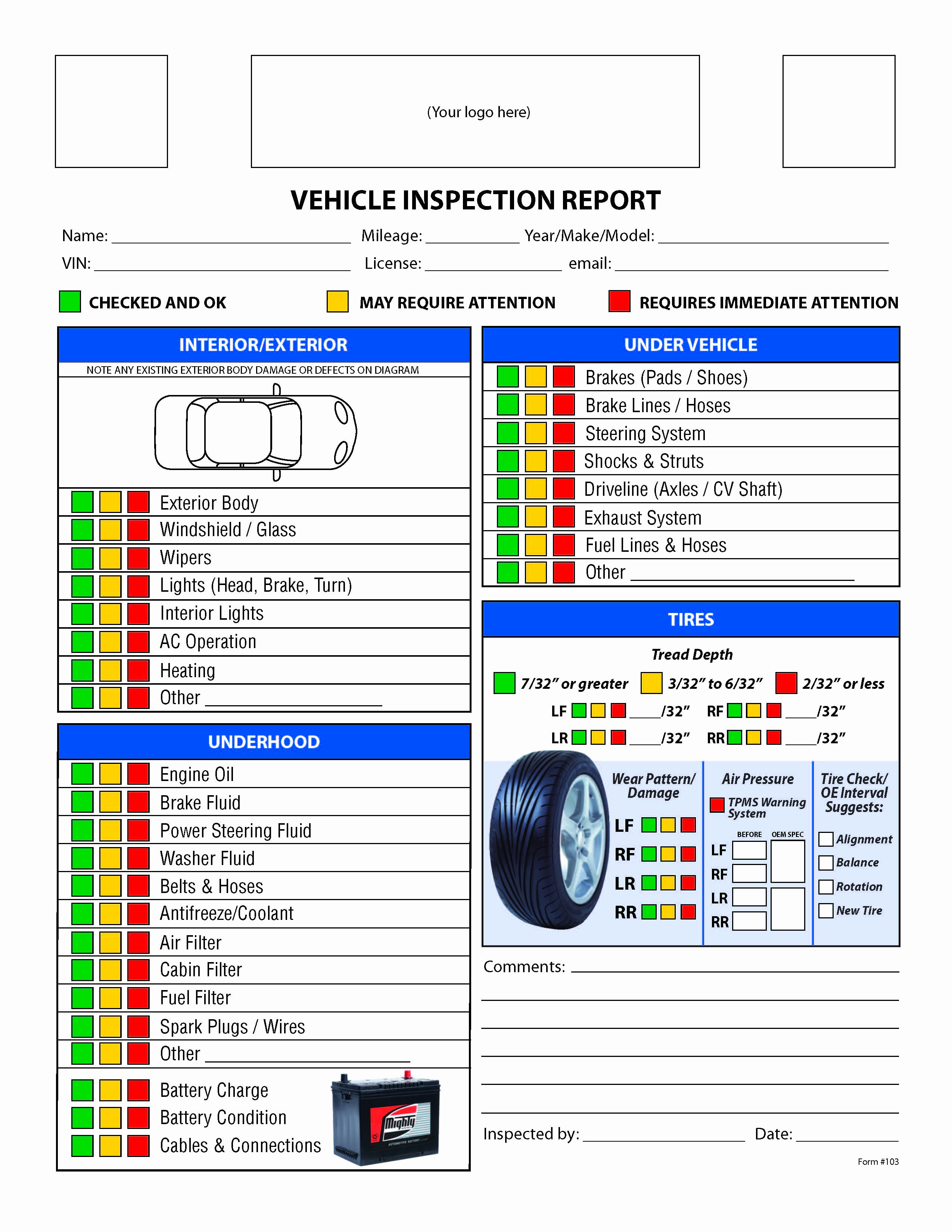 Inspection Log Sheet Fresh Free Vehicle Inspection Checklist form