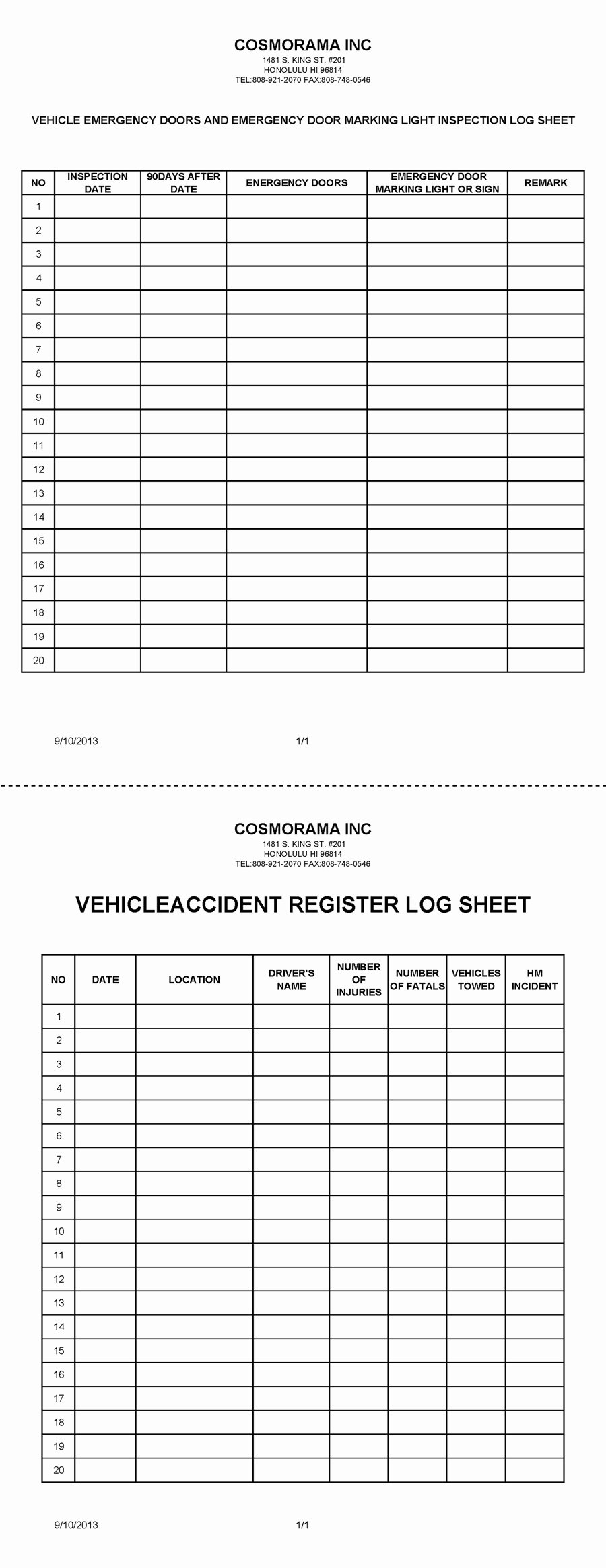 Inspection Log Sheet Lovely Cosmorama