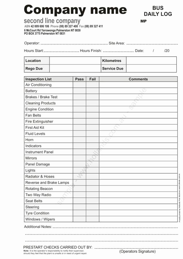 Inspection Log Sheet Unique Bus Daily Log Books