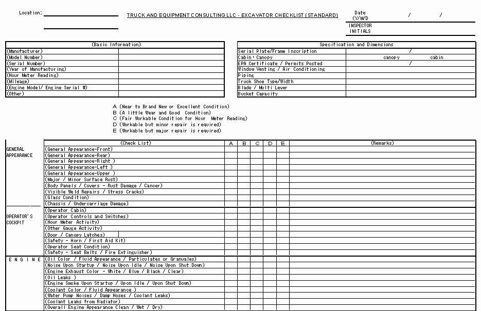 Inspection Log Sheet Unique Excavator Inspection