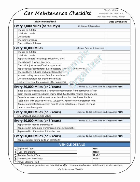 Inspection Log Template Awesome Car Maintenance Checklist Vehicle Maintenance Tracker