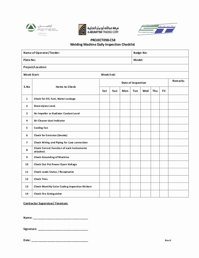 Inspection Log Template Awesome Weekly Welding Machine Checklist