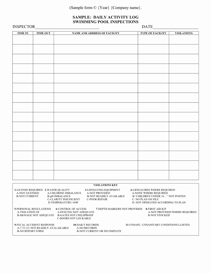 Inspection Log Template Inspirational Swimming Pool Inspections Daily Log In Word and Pdf formats