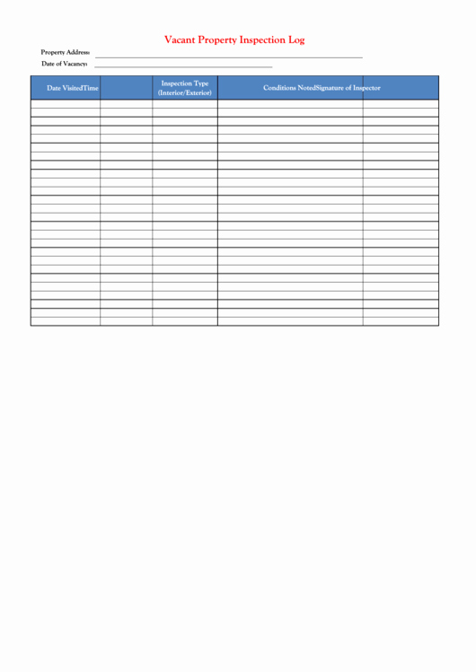 Inspection Log Template Inspirational Vacant Property Inspection Log Spreadsheet Printable Pdf